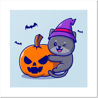 Cute Witch Cat Hug Pumpkin Halloween Cartoon Posters and Art